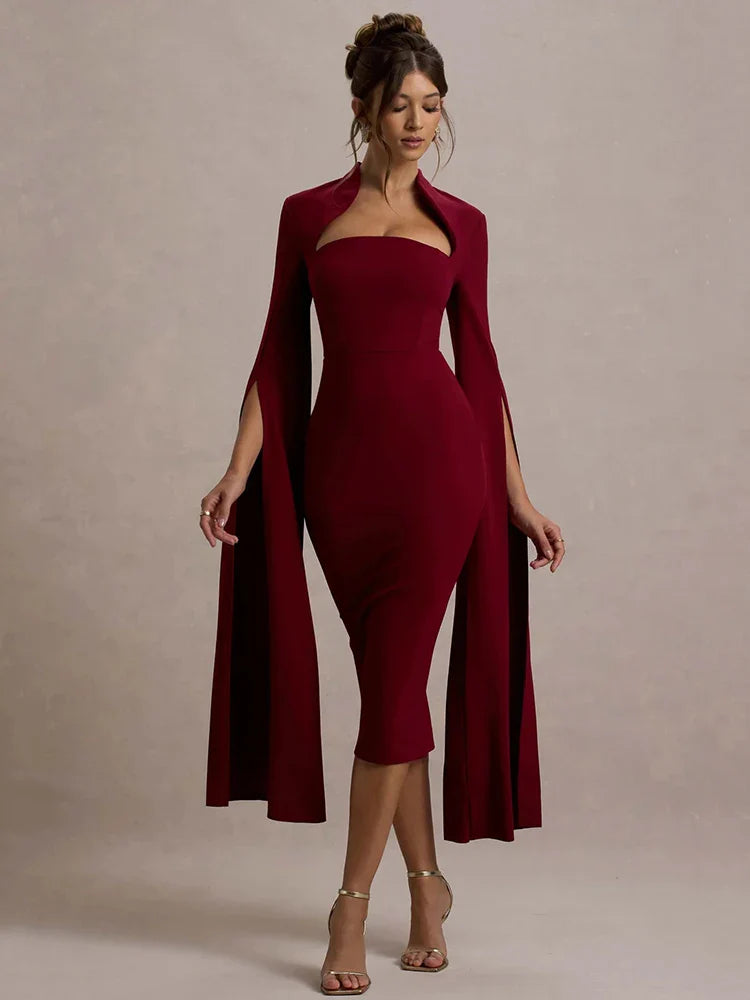 Cape Long Sleeve Back Slit Midi Dress