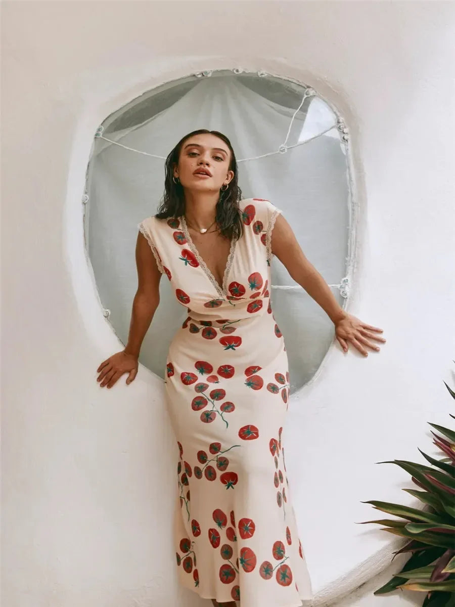 Floral Print Deep V-Neck Lace Trim Cap Sleeve Maxi Dress