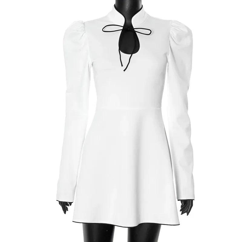 Stand Collar Keyhole Cut Out Puff Sleeve A-Line Mini Dress