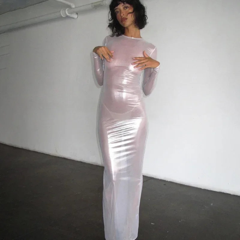 Mesh Long Sleeve Crew Neck Bodycon Maxi Dress