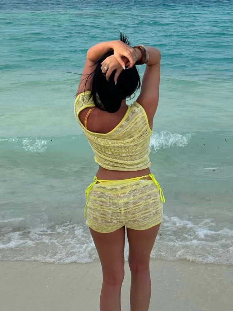 Crochet Stripe Sleeveless Crop Top Two Piece Shorts Set