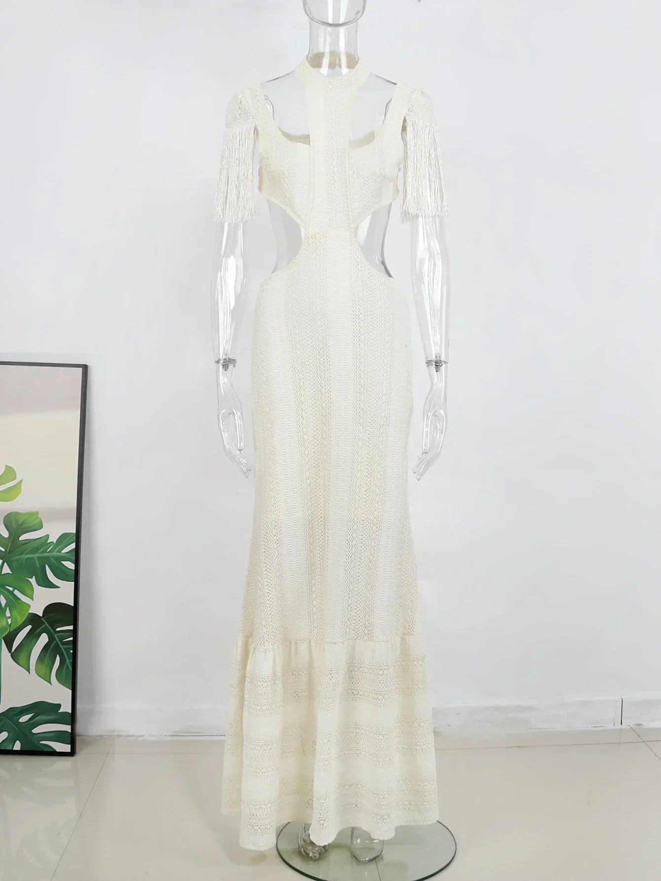 Crochet Knit Deep V-Neck Waist Cut Out Fringe High Split Maxi Dress