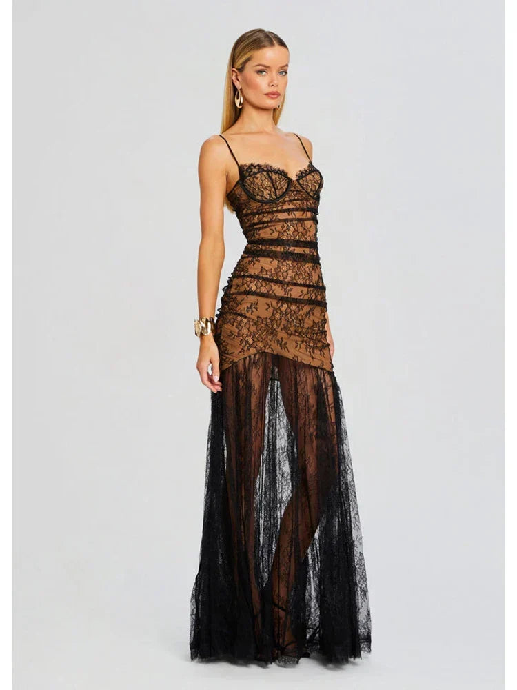 Sheer Lace Spaghetti Strap Ruched High Split Maxi Dress 3