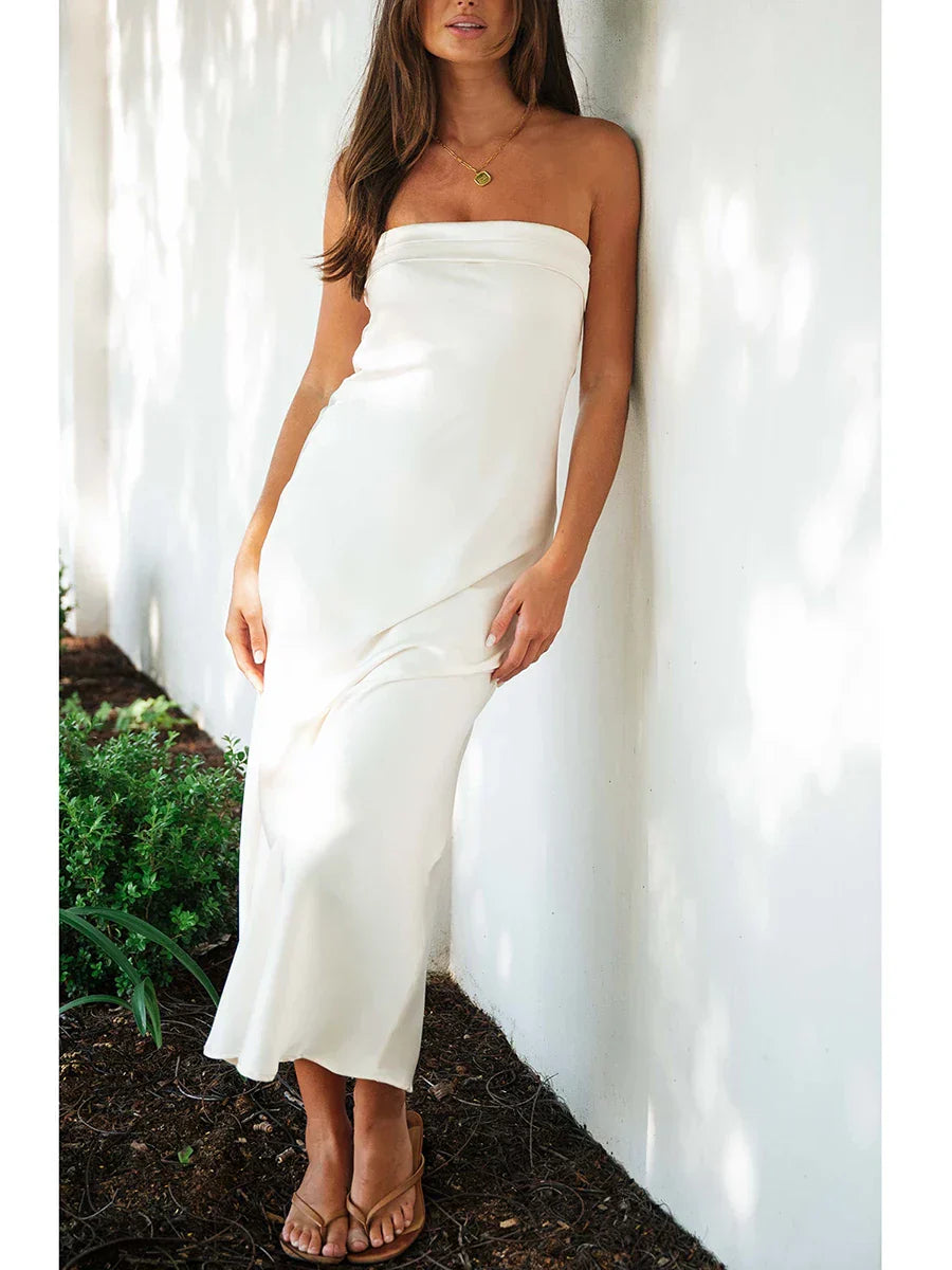 Satin Strapless Fold Over Bust Column Slip Maxi Dress