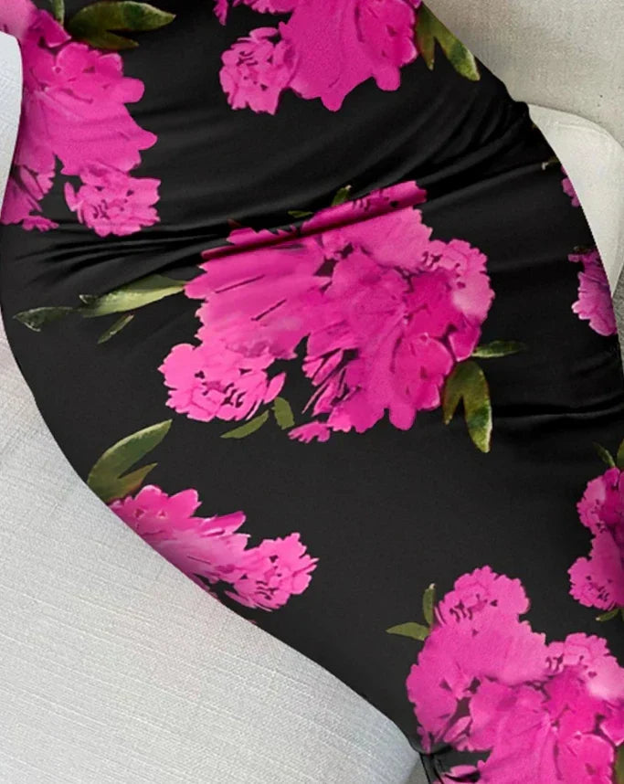 Floral Print Lace Trim V-Neck Spaghetti Strap Bodycon Dress