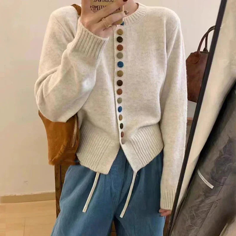 Crew Neck Button Front Ribbed Knit Cardigan
