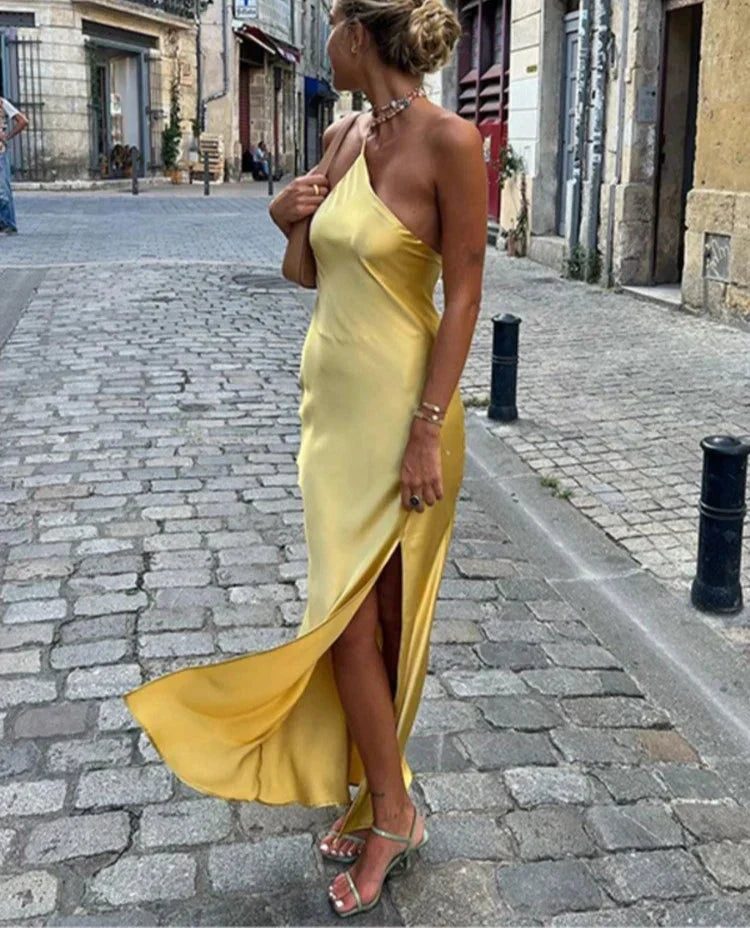 Backless Satin Slant Shoulder Solid Slit Long Dress - View 2