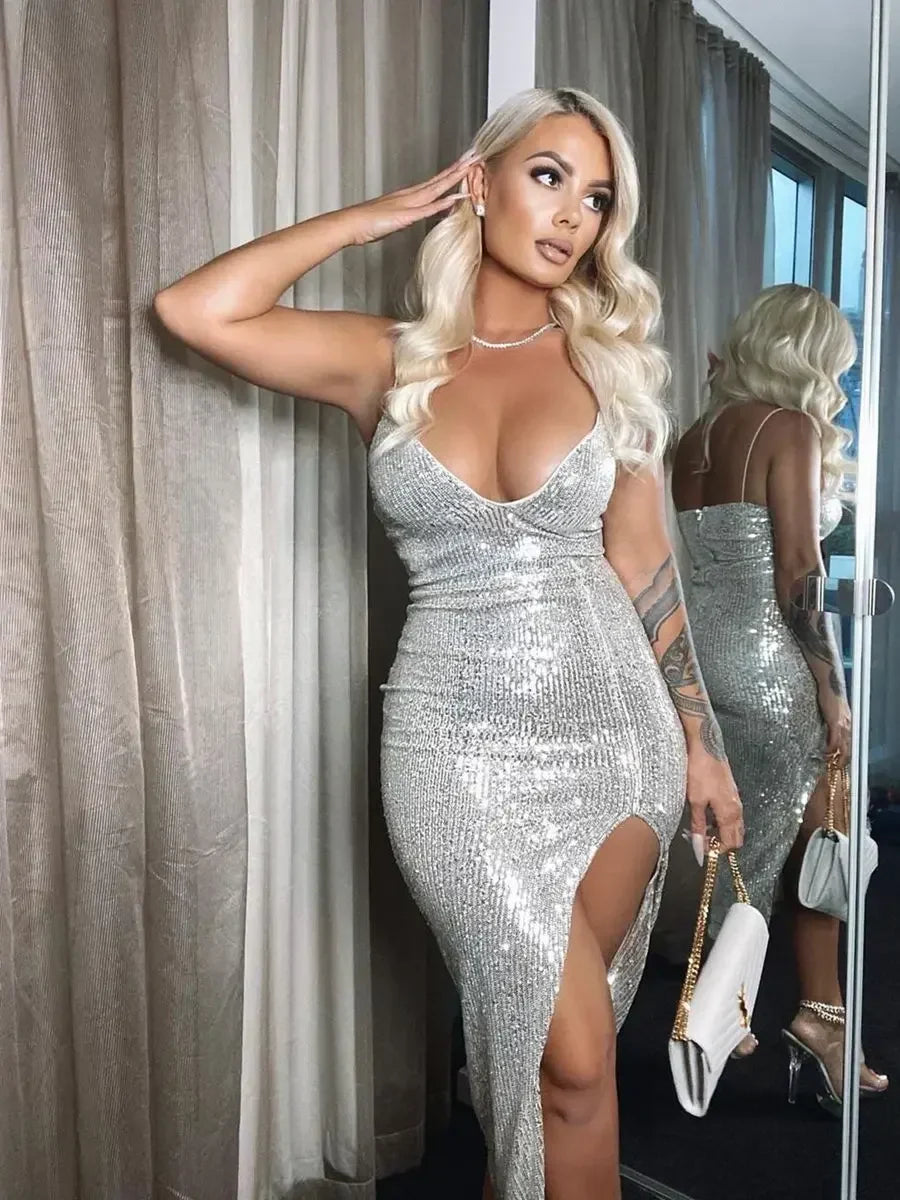 Sequin Deep V-Neck Spaghetti Strap High Split Bodycon Midi Dress