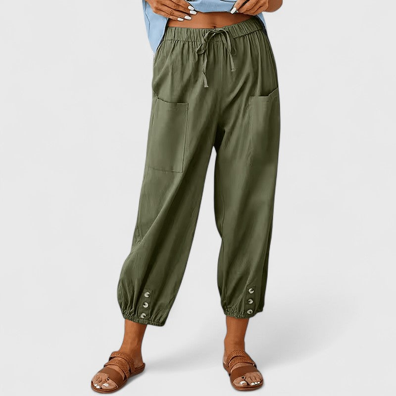 High Waist Drawstring Button Hem Cropped Pants