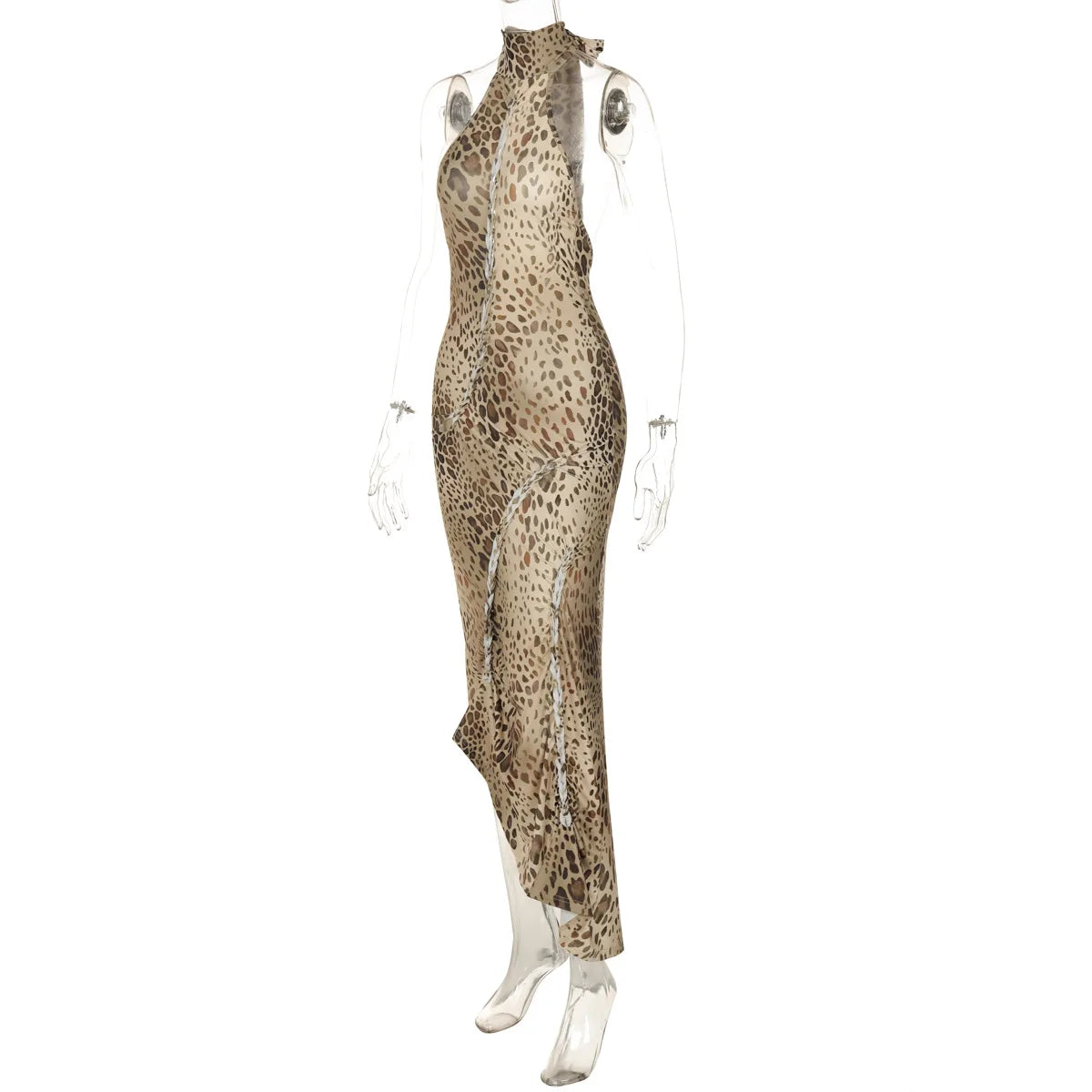 Leopard Print Halter Neck Lace Up Cut Out Ruched Bodycon Midi Dress