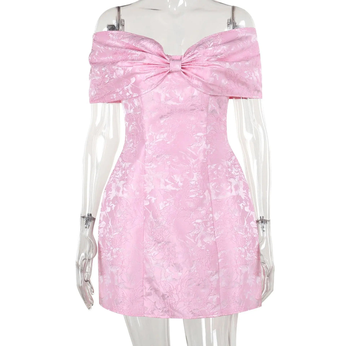 Jacquard Off Shoulder Oversized Bow Bubble Hem Mini Party Dress 4