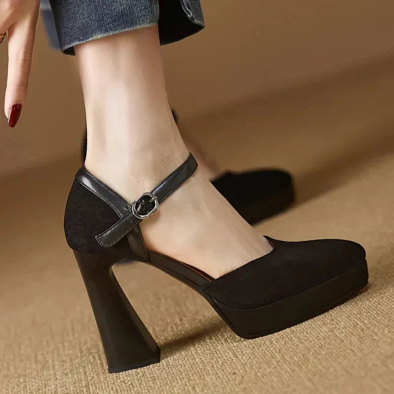 Suede Look Ankle Strap Platform Block Heel Pumps