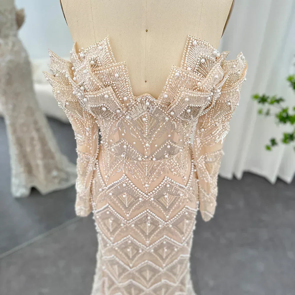 Beaded Off Shoulder Long Sleeve Mermaid Maxi Gown