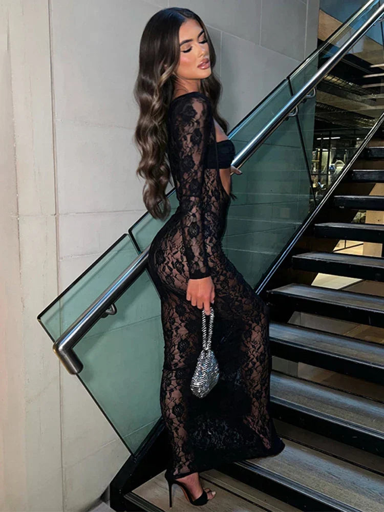 Sheer Floral Lace Long Sleeve Cut Out Twist Bust Bodycon Maxi Dress 5