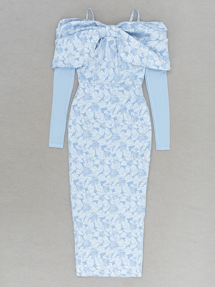 Off Shoulder Long Sleeve Jacquard High Split Midi Dress