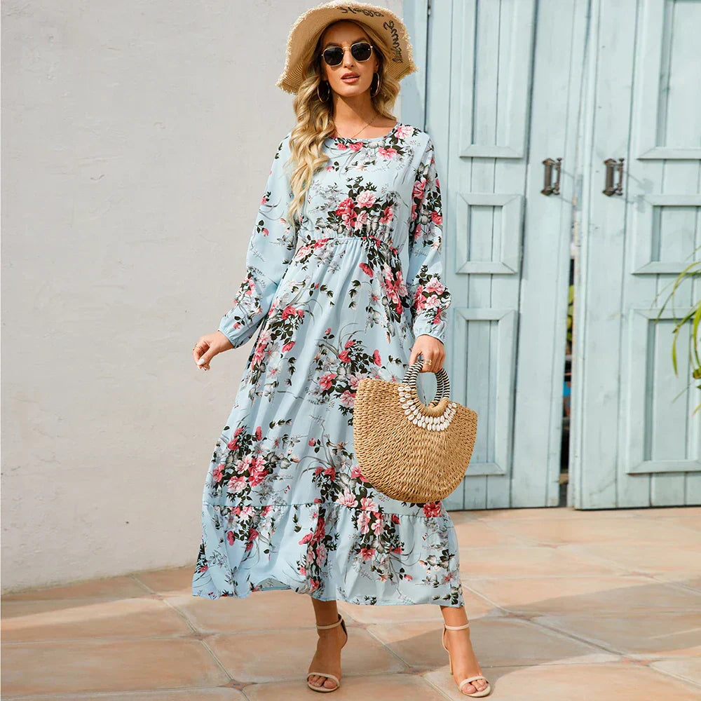 Floral Long Sleeve Tiered Ruffle Boho Maxi Dress