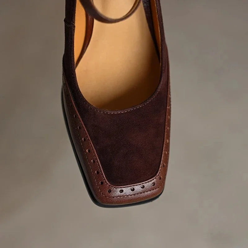 Square Toe Ankle Strap Block Heel Mary Jane Pumps