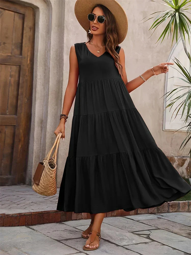 V-Neck Sleeveless Tiered Maxi Dress