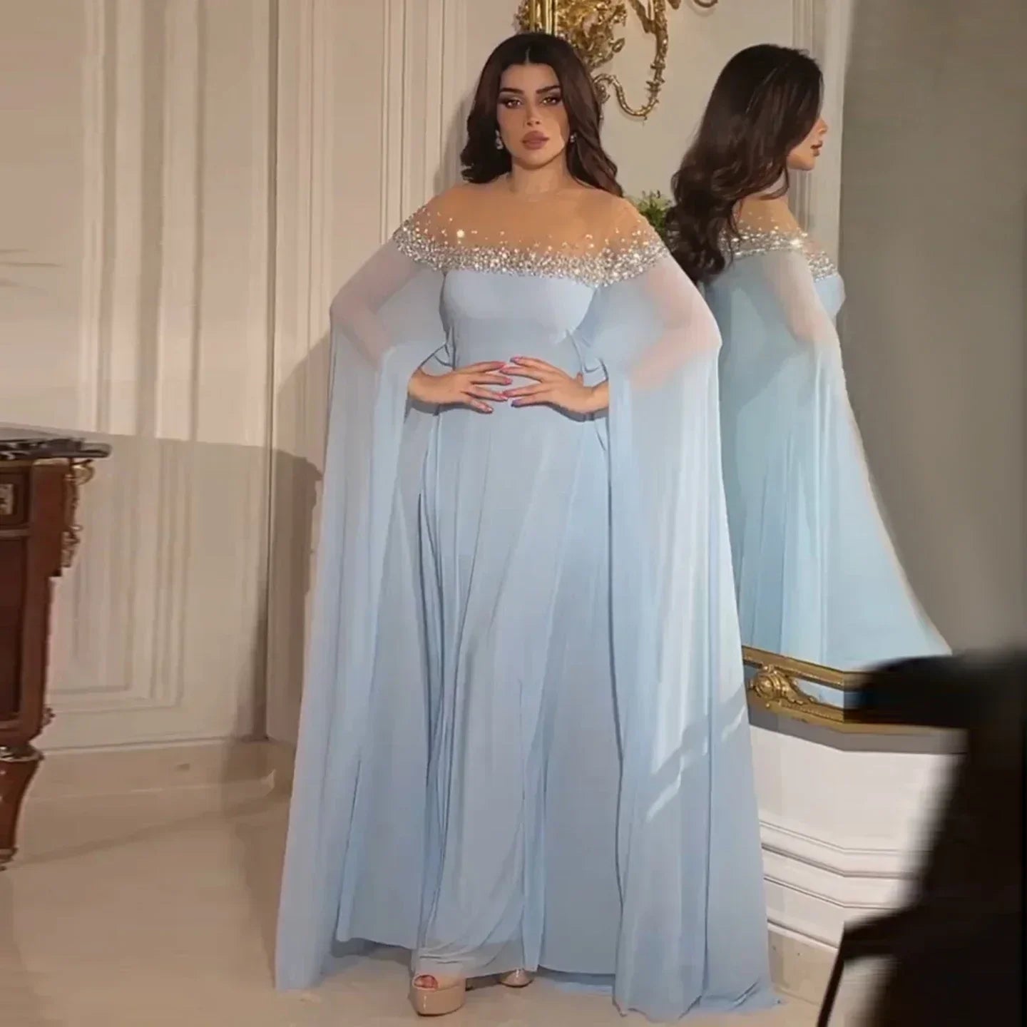 Rhinestone Beaded Illusion Neck Cape Sleeve Chiffon Maxi Gown