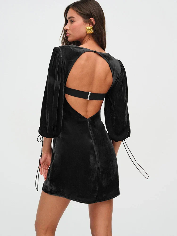 Velvet Puff Sleeve Open Back Tie Cuff Mini Dress 5