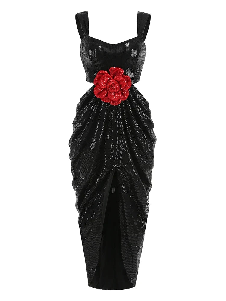 Sequin Square Neck Cut Out Ruched High Split Midi Dress