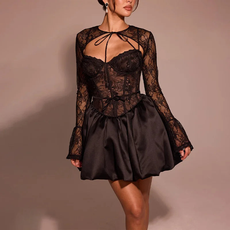 Black Lace Long Sleeve Flare Mini Dress - View 2