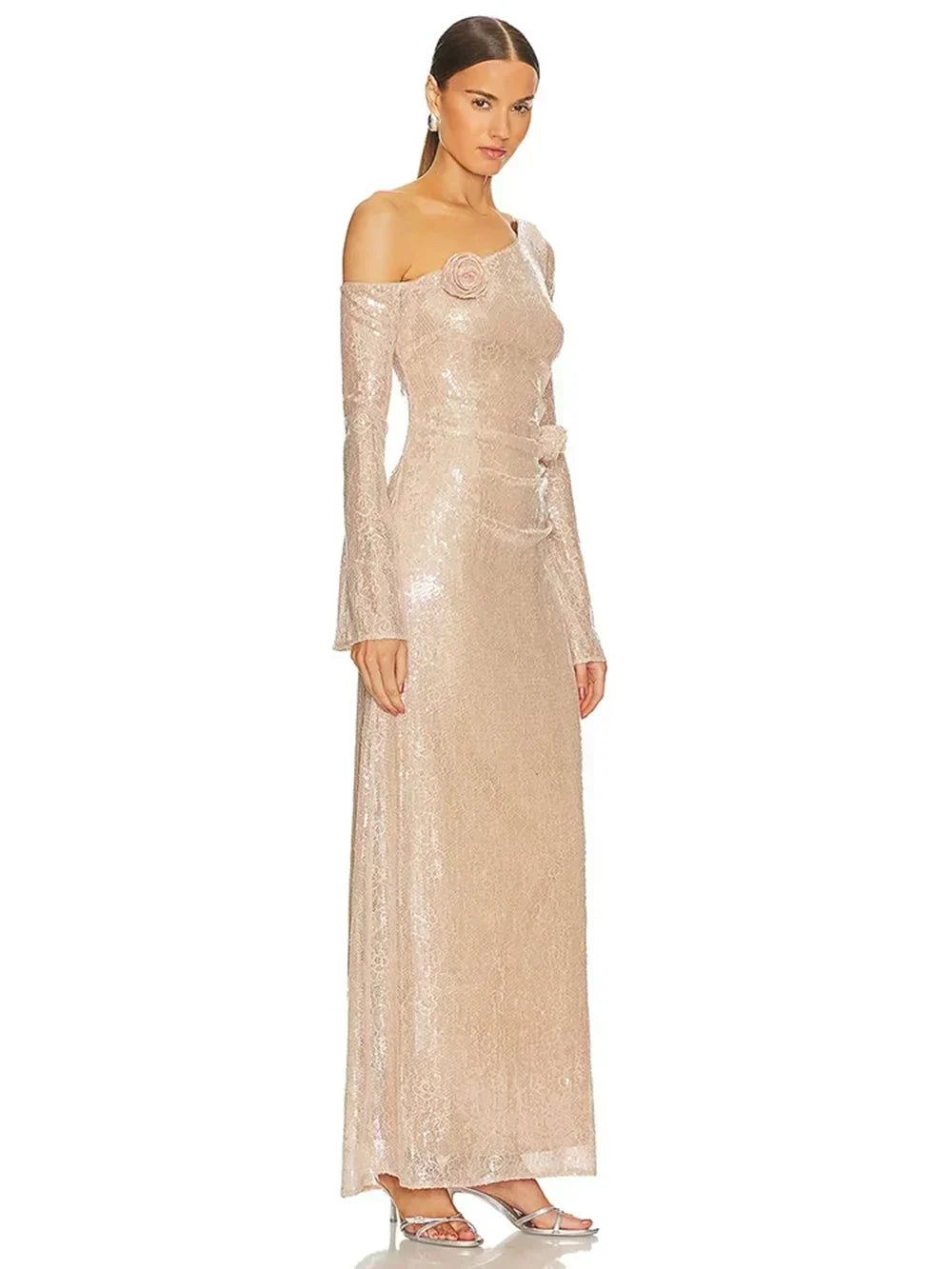 Sequin One Shoulder Long Sleeve 3D Floral Bodycon Maxi Dress