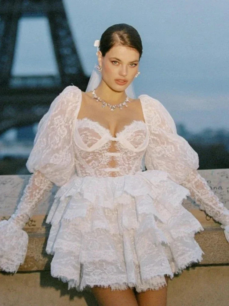Puff Sleeve Layered Ruffle High Waist Lace Dress