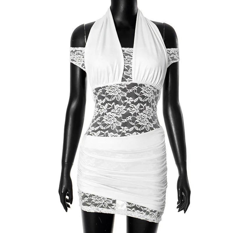 Lace Halter Neck Off Shoulder Ruched Bodycon Mini Dress