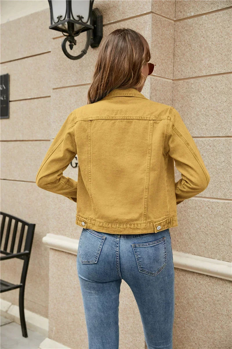 Button Front Long Sleeve Collared Denim Jacket