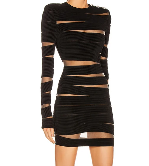 Mesh Insert Long Sleeve Round Neck Cut Out Bodycon Bandage Mini Dress