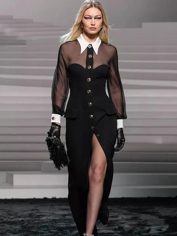 Mesh Long Sleeve Collared Button Front High Split Maxi Gown