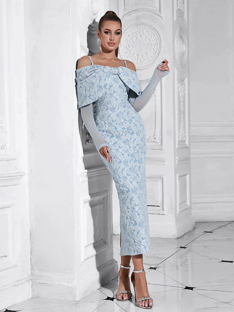 Off Shoulder Long Sleeve Jacquard High Split Midi Dress