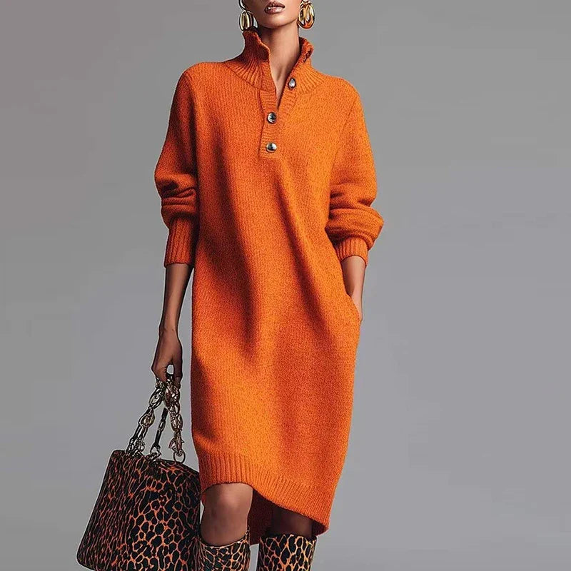 Knit High Neck Long Sleeve Button Shift Midi Dress