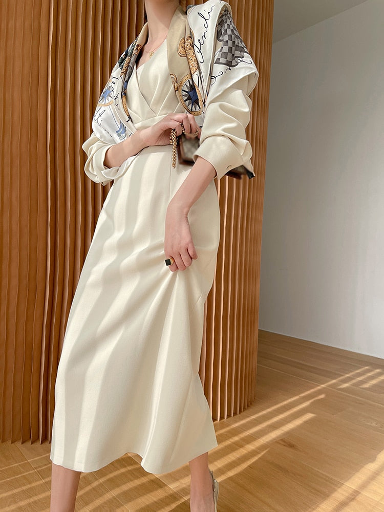 Satin Square Neck Long Sleeve Wrap Midi Dress