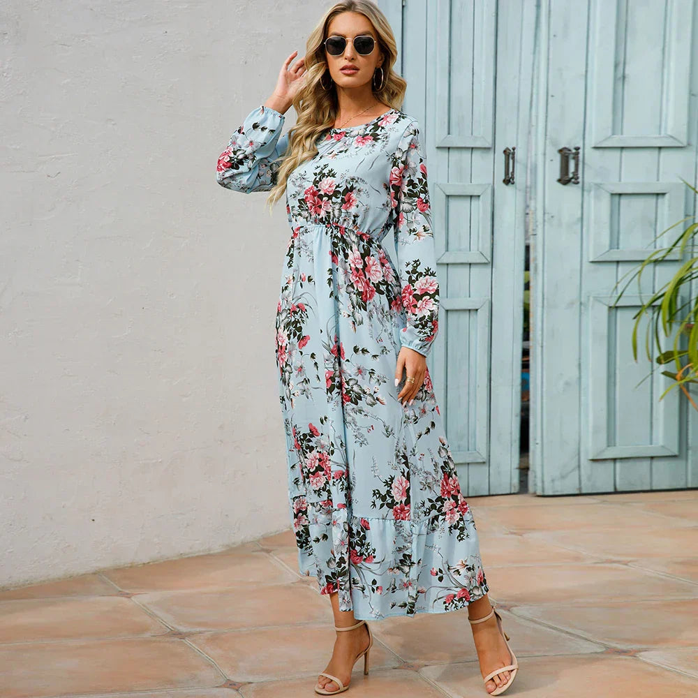 Floral Long Sleeve Tiered Ruffle Boho Maxi Dress