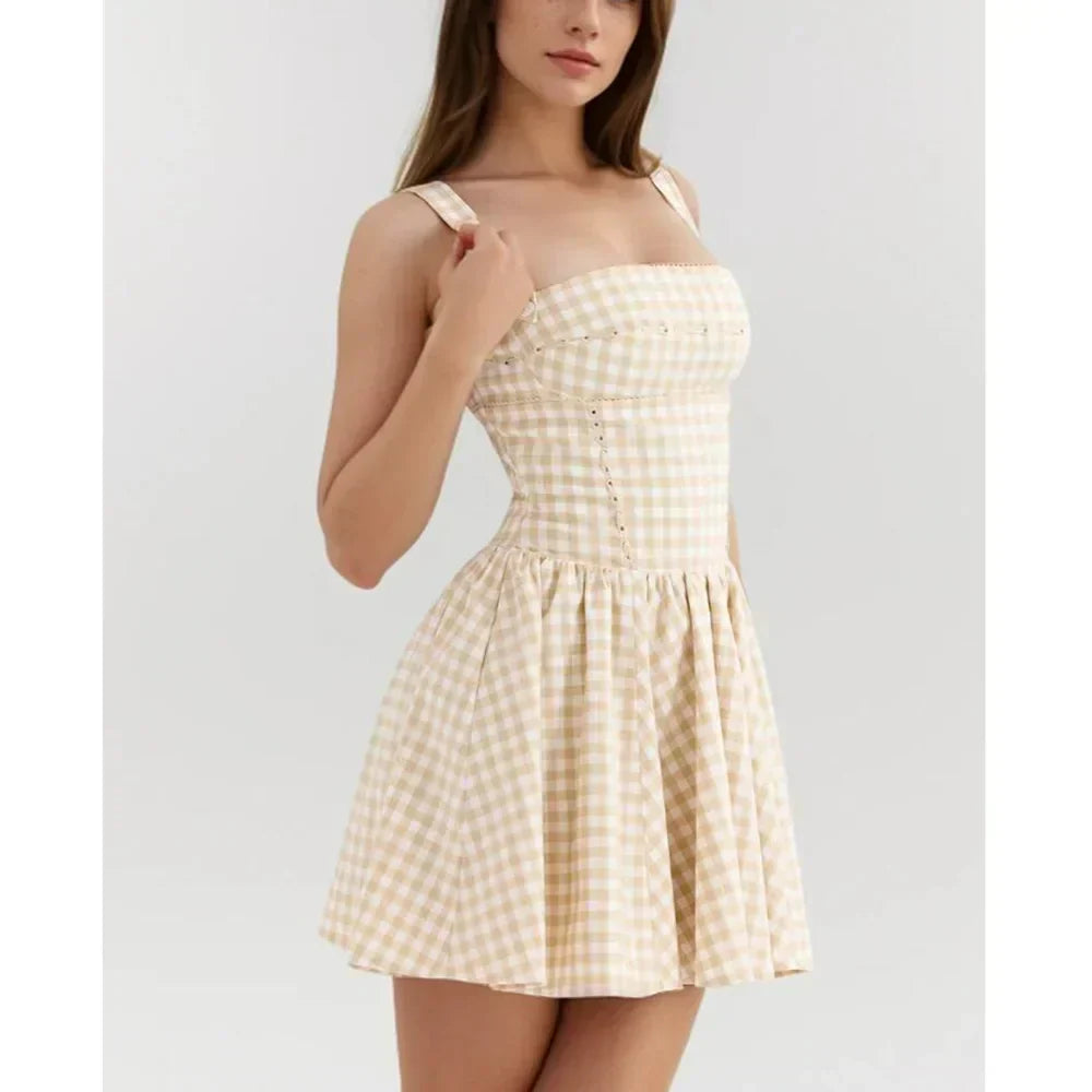 Gingham Print Square Neck Corset Paneled Pleated Fit and Flare Mini Dress