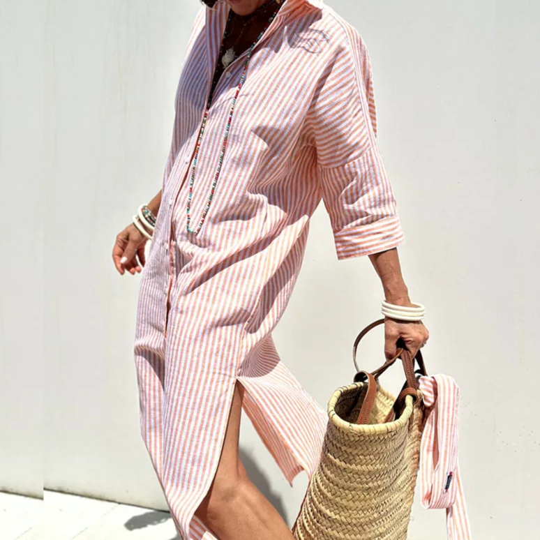 Striped Oversized Relaxed Fit Button Down Shirttail Hem Midi Shirt Dress