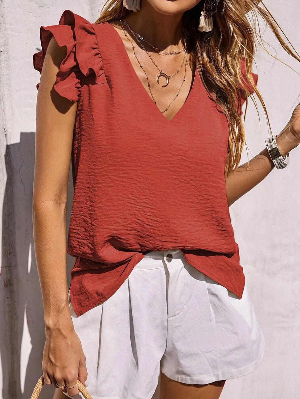 V-Neck Ruffle Sleeve Textured Top