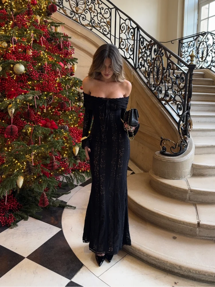 Lace Off Shoulder Long Sleeve Mermaid Maxi Gown