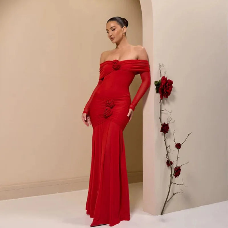 Off Shoulder Long Sleeve Rosette Mermaid Gown