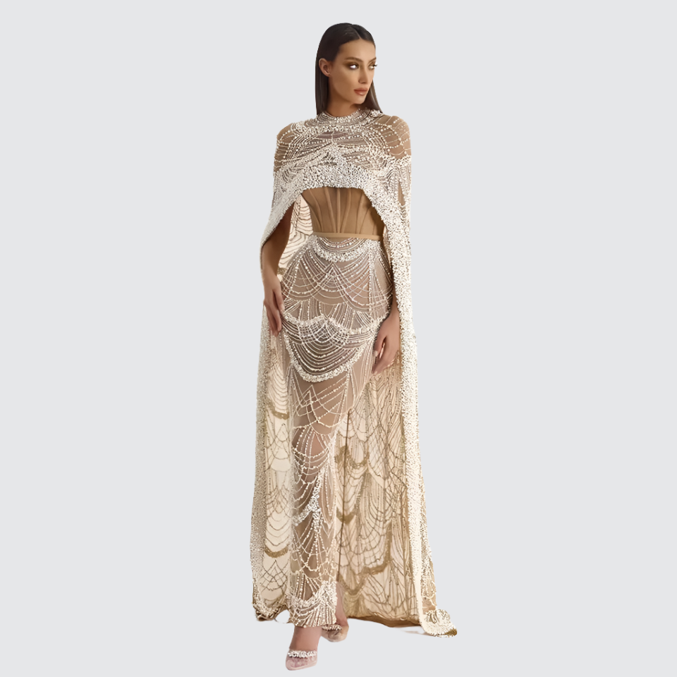 Beaded High Neck Cape Sleeve Sheer Mermaid Gown
