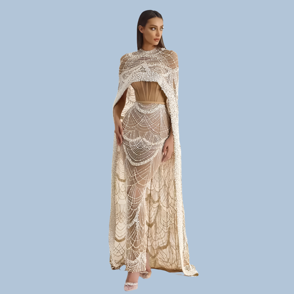 Beaded High Neck Cape Sleeve Sheer Mermaid Gown