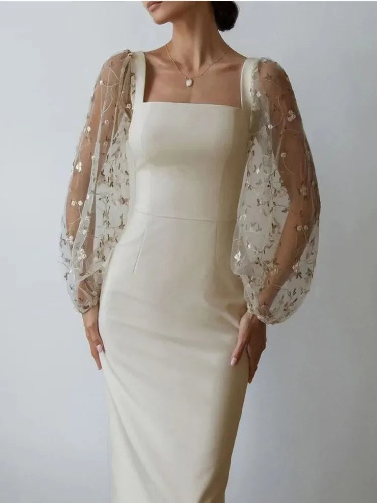 Selena Aesthetic Evening and Party Dress with Square Neckline and Long Sleeves Premium Wardrobe Essential