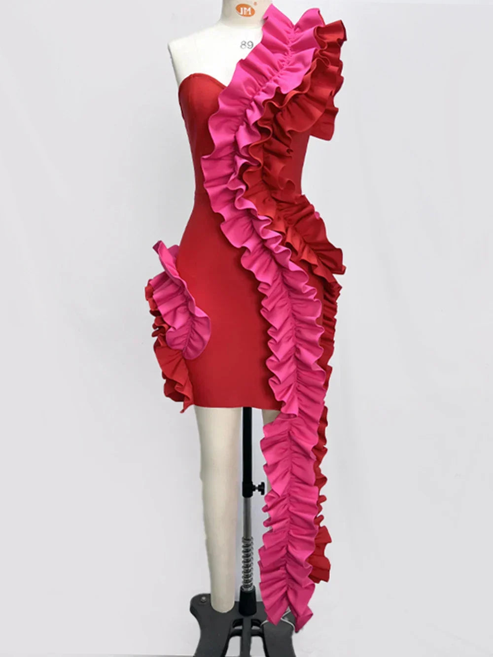 One Shoulder Sweetheart Neck Cascading Ruffle Bodycon Mini Dress 5