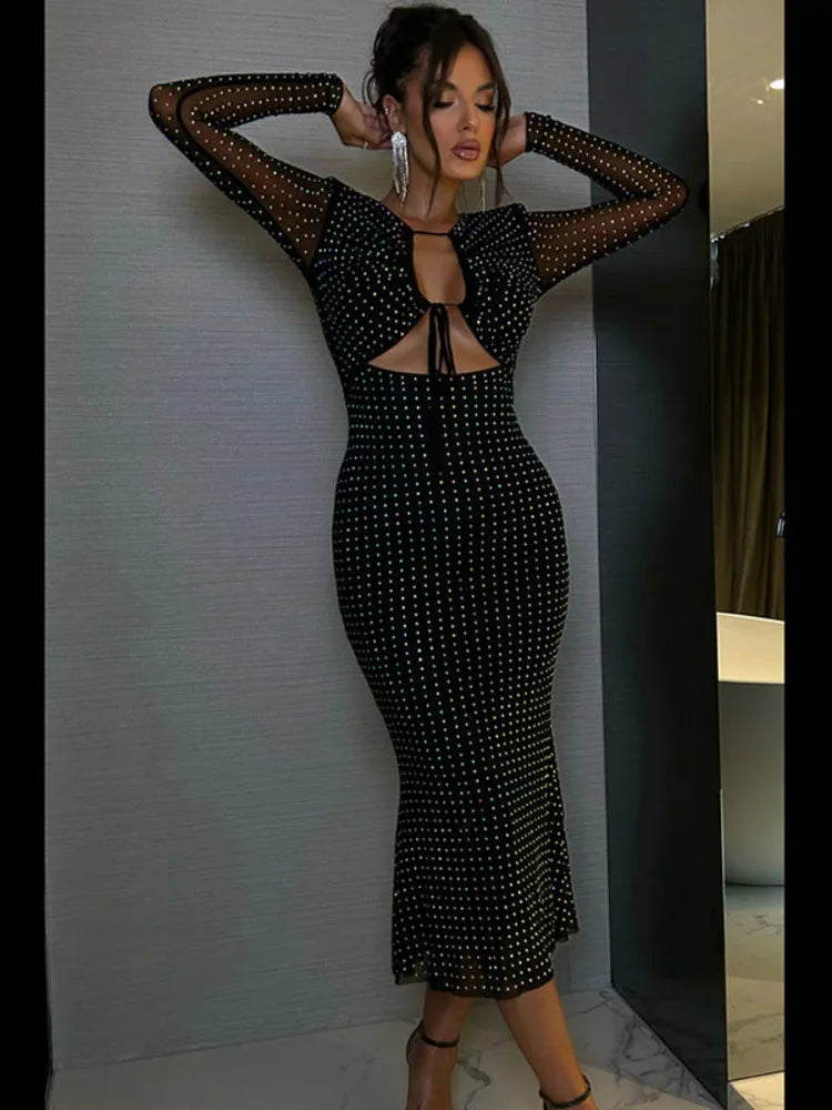 Rhinestone Plunge Long Sleeve Cut Out Bodycon Midi Dress