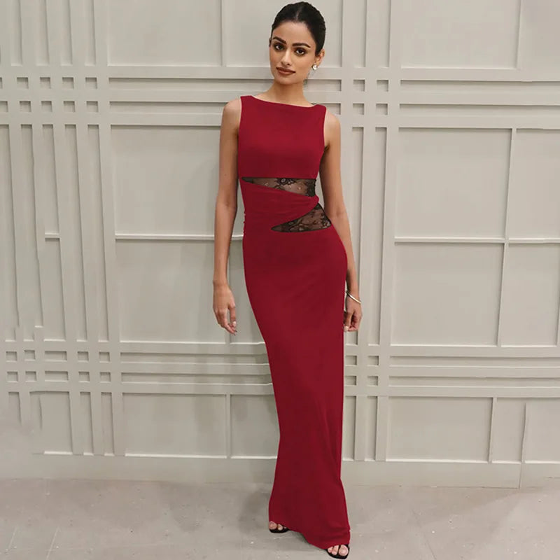 Asymmetric Neck Cap Sleeve Lace Waist Panel Bodycon Maxi Dress 5
