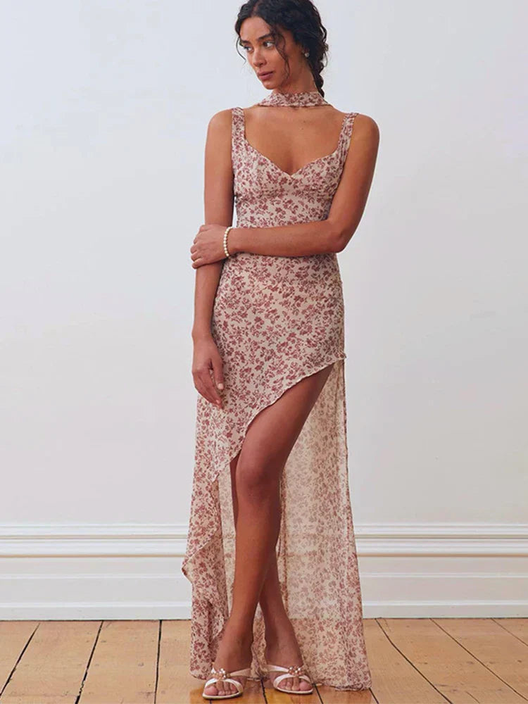 Halter Neck Tie Back Backless Floral Chiffon Maxi Dress
