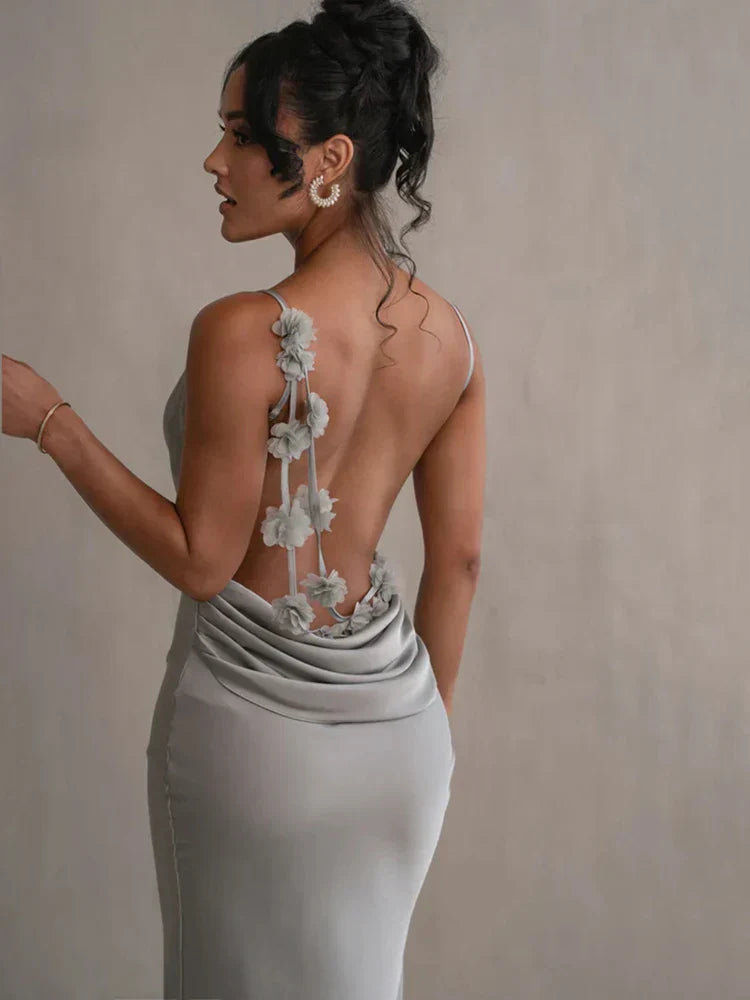 Floral Draped Backless Maxi Silk Dress - View 4