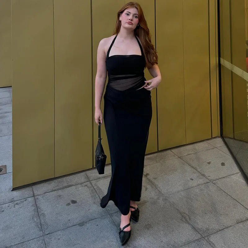 Mesh Halter Neck Backless Ruched Bodycon Maxi Dress